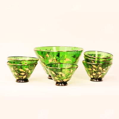 آجیل خوری مینای شیشه‏ سایز ‏13‏cm‏ رنگ ‏سبز‏ طرح ‏برگ طلایی‏ 